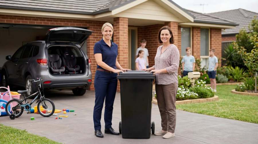 Family at home with a larger household bin in the driveway